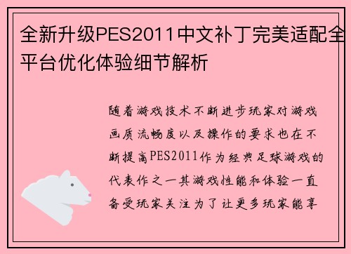 全新升级PES2011中文补丁完美适配全平台优化体验细节解析