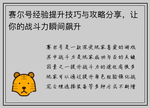 赛尔号经验提升技巧与攻略分享，让你的战斗力瞬间飙升