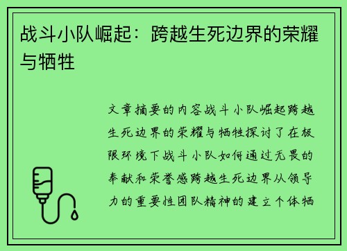 战斗小队崛起：跨越生死边界的荣耀与牺牲